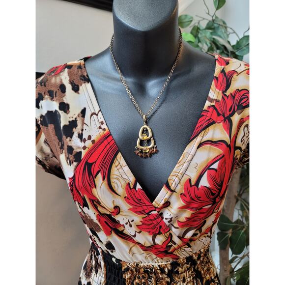 Cristinalove Dress Womens Large Brown Red Floral Print V Neck Short Sleeve - Picture 3 of 12